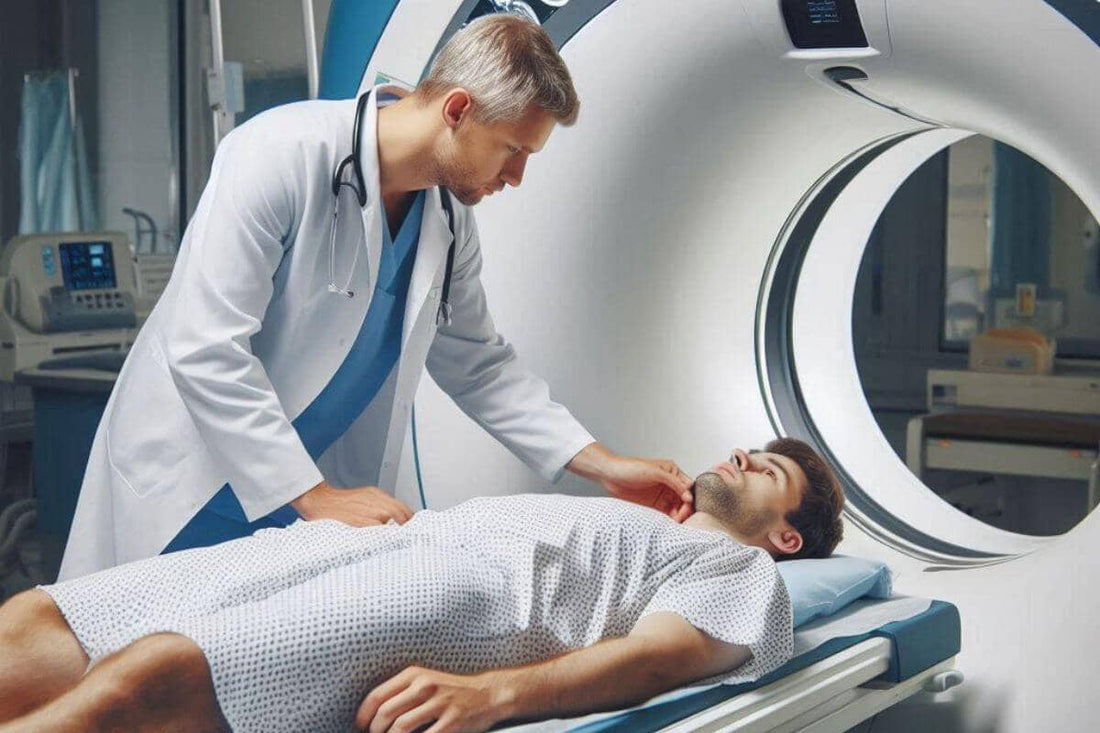 A patient undergoes preparation for a medical imaging procedure in a methylene blue clinical trial