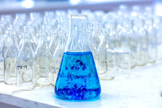 Glass flask filled with methylene blue solution on a laboratory table