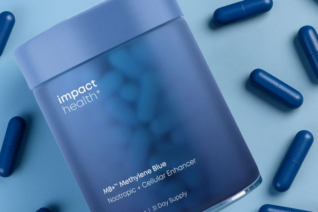 A Methylene Blue capsule bottle labeled Impact Health Methylene Blue nootropic and cellular enhancer