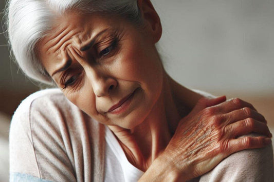 Older woman holding her shoulder